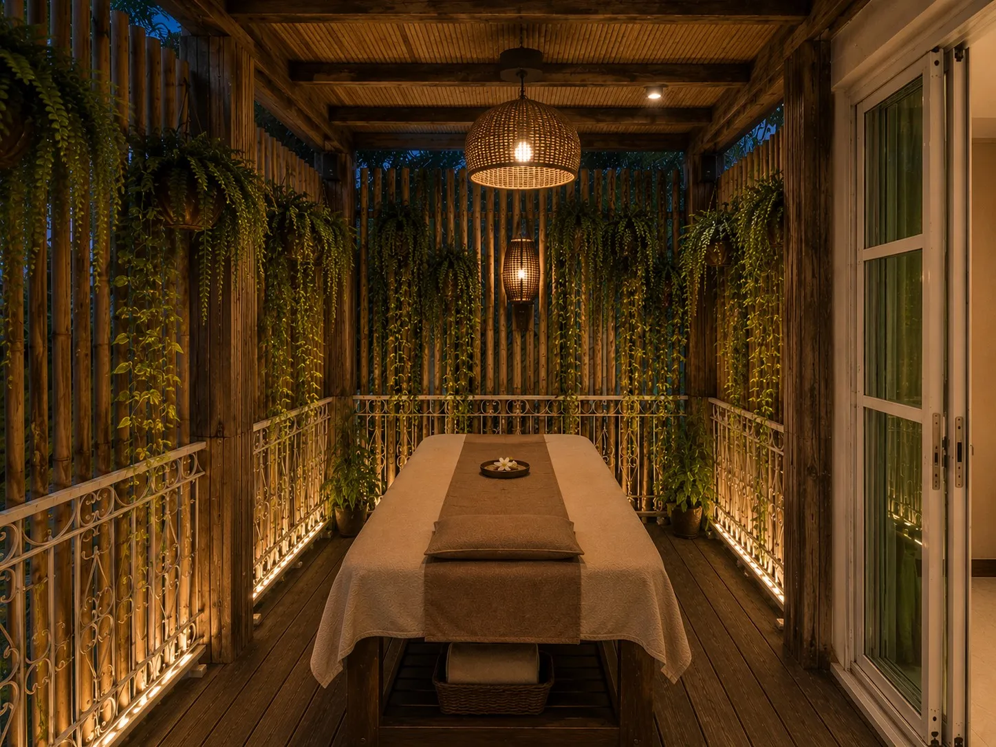 A single massage bed on the bamboo terrace, framed by hanging plants and a rattan lamp.