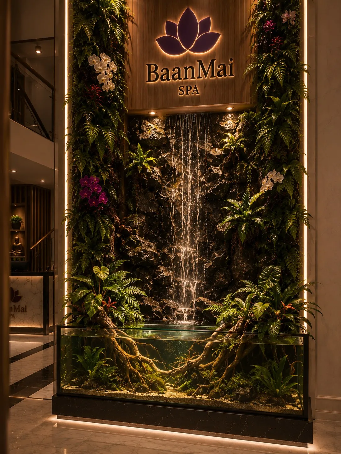 The BaanMai water wall: a lit rock cascade in a living green wall, the shop's lotus sign glowing above it.