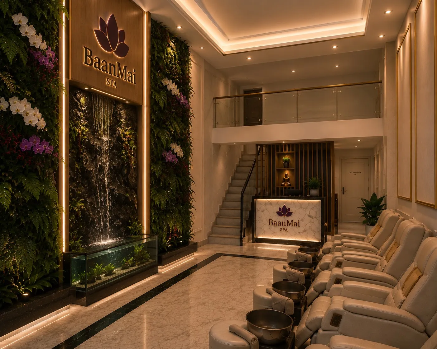 The BaanMai lobby, a neon lotus glowing above the water wall.