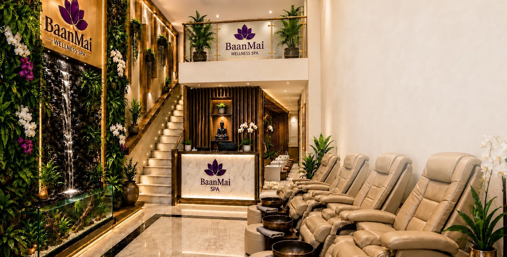 The BaanMai lobby: a lit water wall in a living green wall, the stair, and the reception desk.