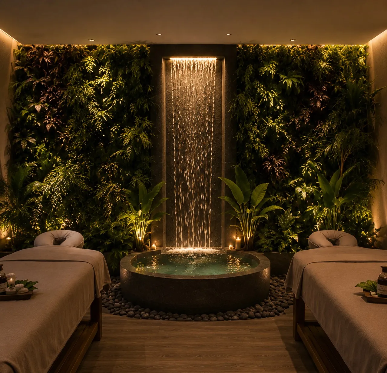 A twin treatment room at BaanMai, two beds facing a lit water wall.
