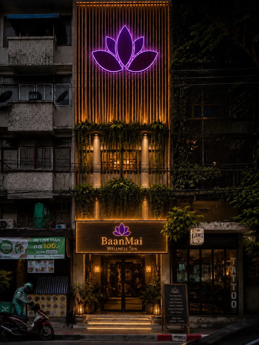 A narrow timber shopfront on a quiet soi at night, under a glowing lotus sign.
