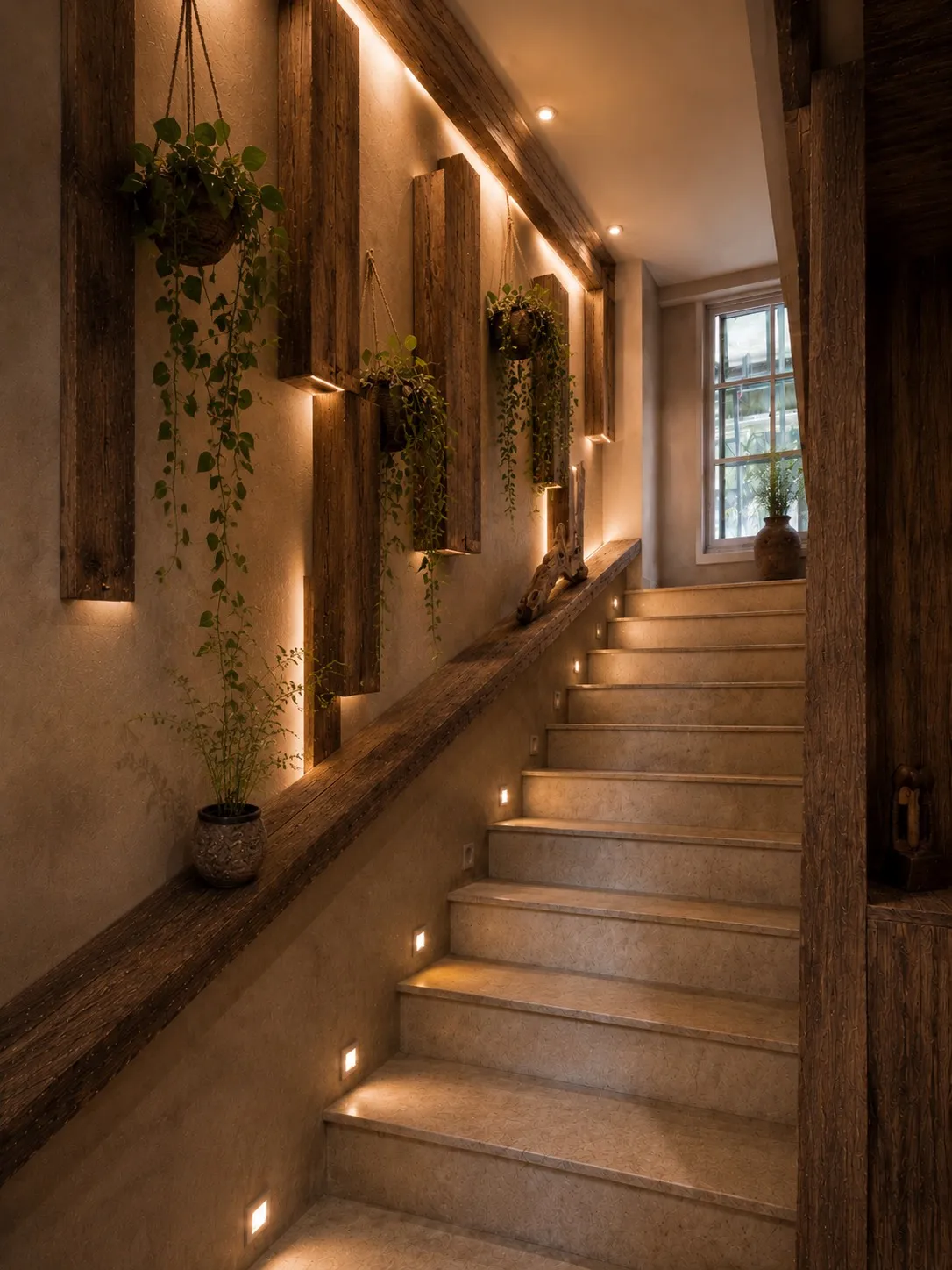 The warm-lit staircase to the upper rooms, hung with plants.