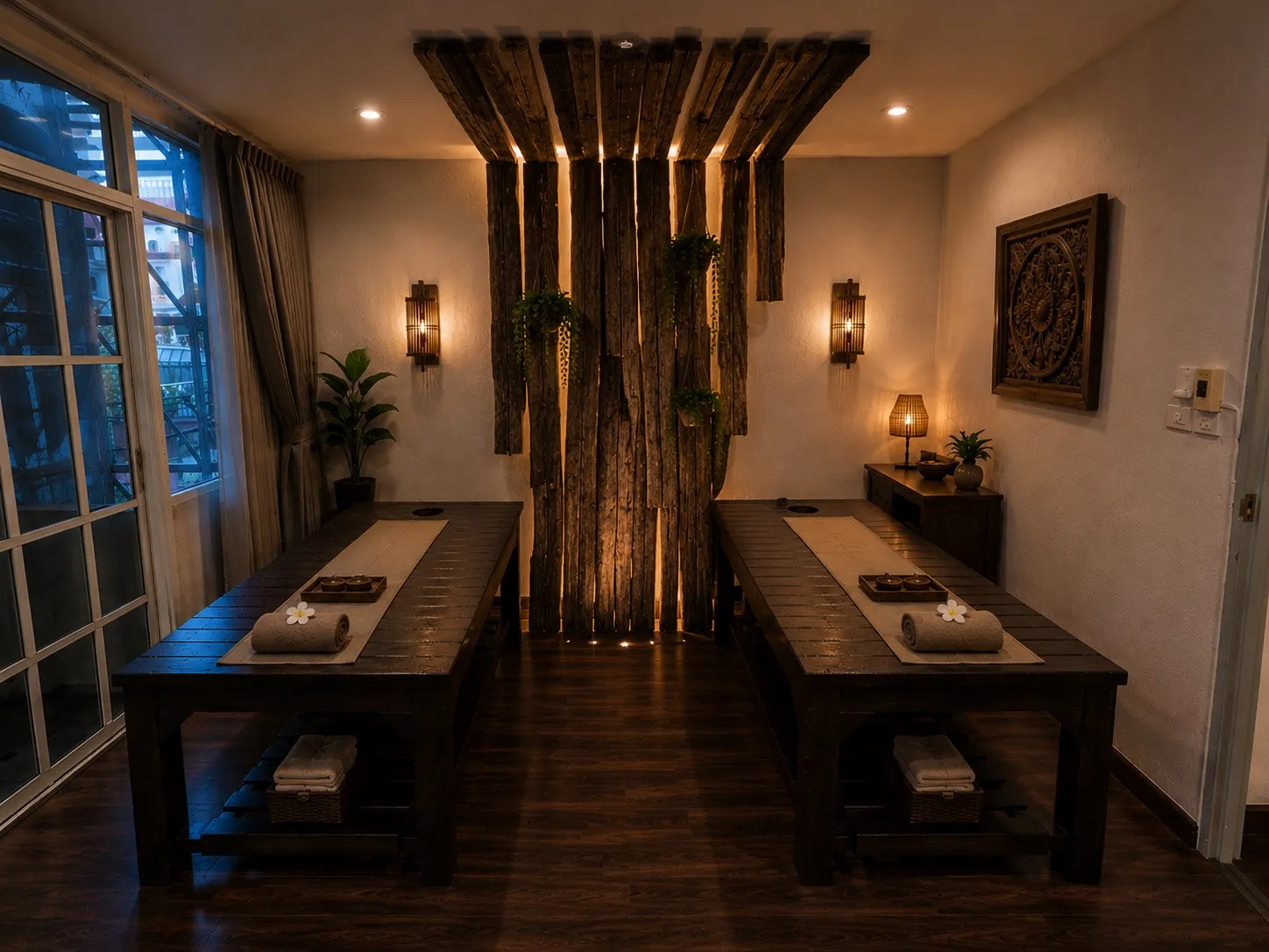 The twin room in evening light.